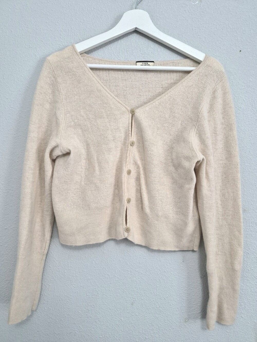 J Crew Featherweight Cashmere Cropped Cardigan Sweater Cream L Quiet Luxury